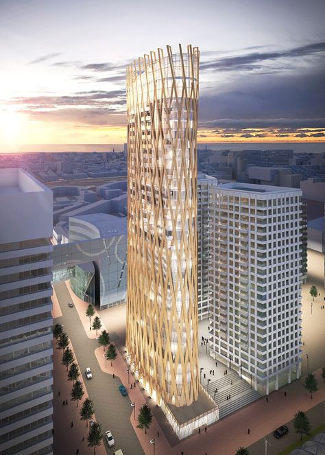 Get Ready for Skyscrapers Made of Wood. (Yes, Wood) | WIRED 5/3/17 PLP Architecture is working on a hyperboloid timber tower in Holland Timber Skyscraper, Timber Tower, Wooden Skyscraper, Seismic Design, Mass Timber, Wood Facade, Eco Materials, Smart Building, Wooden Facade