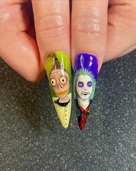 💜🪲Beetlejuice, Beetlejuice, Beetlejuice!🪲💜 My Birthday nails! Here’s to 24 🖤 #nailtech #nails #nailart #nailartist #nailsofinstagram #slcnails #slcnailtech #utahnails #utahnailtech #801nails #801nailtech #stilletonails #acrylicnails #homebasednailtech #longnails #halloweennails #beetlejuice #beetlejuicebeetlejuicebeetlejuice #beetlejuicenails #luxapolish #explore #explorepage Beetle Juice Nail Art, Toes Nails, Lydia Deetz, Beetlejuice Beetlejuice, Birthday Nails, Beetlejuice, Nails Nailart, My Birthday, Nail Artist