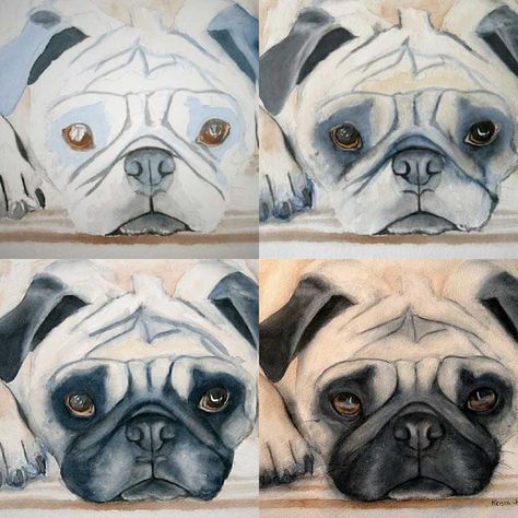 Step By Step Dog Painting, Pug Acrylic Painting, Pug Watercolor Paintings, Watercolor Pug, Pug Painting, Dog Watercolor Painting, Portraits Pop Art, Limited Palette, Pugs And Kisses