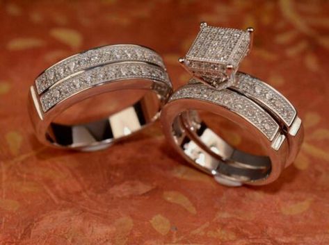 ad eBay - Find many great new & used options and get the best deals for His & Her 2.00Ct Round Cut Simulated Diamond Wedding Trio Bridal Set 925 Silver at the best online prices at eBay! Free shipping for many products! Trio Ring Set, Trio Ring, Mens Ring Sizes, Bridal Wedding Rings, Bridal Engagement Rings, Bridal Bands, Engagement Ring Wedding Band, Engagement Ring Settings, Diamond Wedding Rings