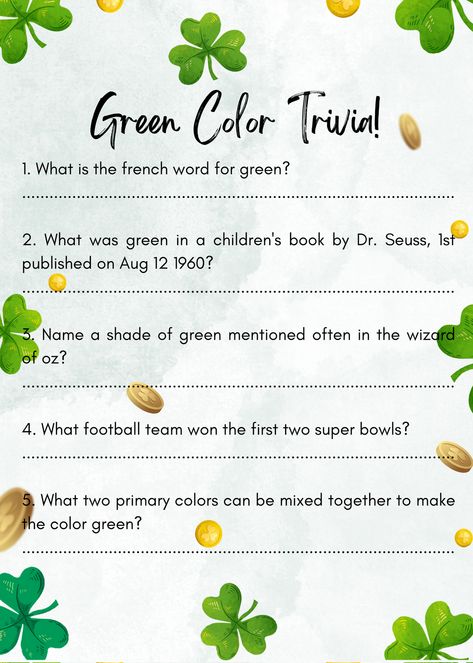 St Patricks Day Games, St Patricks Day Trivia Party Game, Adult Trivia Game, Teen St Patricks Day Printable Games, Instant Download.

Complete set of game kit: this St. Patrick's Day party game comes with a St.Patrick's Day GREEN COLOR TRIVIA GAME , it has a total of 2 pages games designed to bring you a fun and exciting St. Patrick's Day game.; It's a fun addition to St. Patrick's Day games and can be applied all year round
Fun and adorable: Irish party game kit is suitable for teenagers. St Patricks Day Games, Trivia Party, Irish Party, St Patrick Day Activities, Reindeer Games, Trivia Game, French Words, Printable Games, Trivia Games