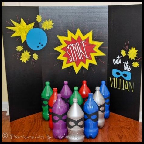 Dollar Store Crafter: Super Hero Themed Birthday Bowling Game Superhero Games For Kids, Superhero Party Activities, Batman Party Games, Shopkins Party Decorations, Super Hero Activities, Superhero Games, Birthday Bowling, Super Hero Games, Hero Crafts