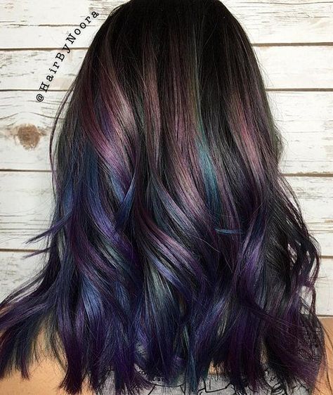 Try This New Colorful Hair Trend If You Want to Ruffle Some Feathers Peacock Hair Color, Oil Slick Hair, Peacock Hair, Rainbow Hair Color, Gorgeous Hair Color, Hair Color Purple, Hair Color And Cut, Colored Highlights, Rainbow Hair