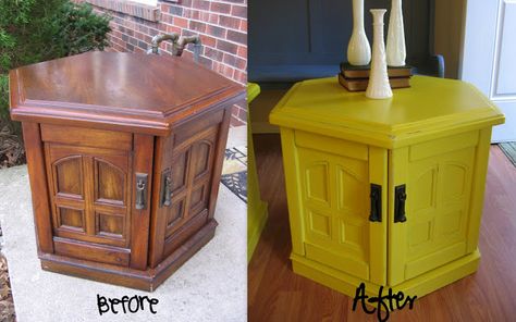 70s Hexagon Table painted yellow. My grandma had a table just like this! I'm thinking hot pink.... Flipped Furniture, Old End Tables, Repurpose Furniture, Side Table Makeover, Furniture Upcycle, Octagon Table, Fantasy Furniture, Drum Table, China Cabinets