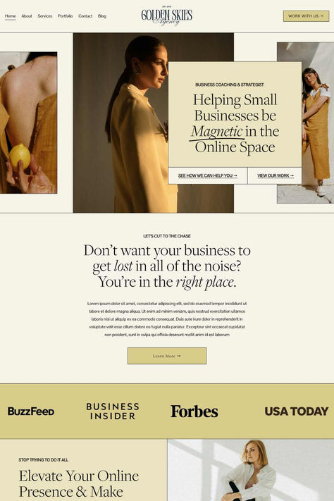 The Golden Skies Squarespace template is perfect for business coaches, social media management agencies, and virtual assistants that need a responsive website template design! This high-converting layout is complemented by a blend of bold colors, modern typography, and a seamless user experience. Plug in your own logo, pricing, and images to this website template layout or browse our web design services and launch with an expert Squarespace designer. Website Design Template #ad #affiliate Designer Website Design, Designer Website, Squarespace Template, Squarespace Website Templates, Website Template Design, Responsive Website Template, Media Management, Squarespace Website, Responsive Website