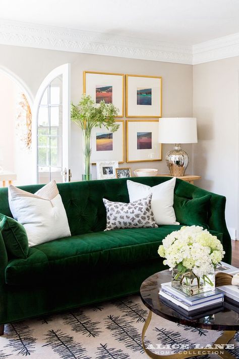 Check out our yummy green velvet sofa with white pillows recently featured on Curated Interior's blog. Isn't it a show stopper? Emerald dreams... | Designed by Alice Lane Dark Green Couches, Emerald Green Couch, Green Couches, Green Velvet Couch, Emerald Green Sofa, Green Sofa Living, Green Couch Living Room, Velvet Sofa Living Room, Green Sofa Living Room