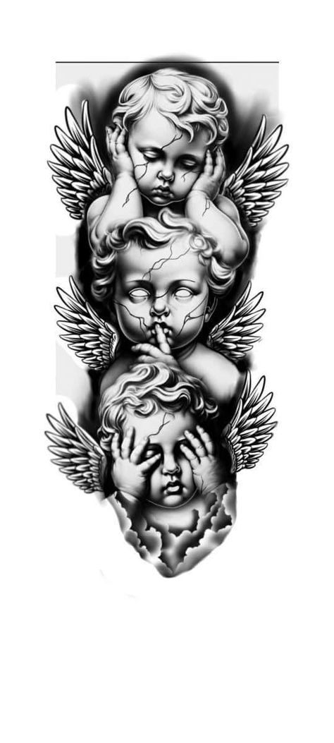 3 Angels Tattoo Designs, Chicano Tattoo Design, Cherub Tattoo Designs, Art Chicano, Black Men Tattoos, Chicano Tattoos Sleeve, Cherub Tattoo, Half Sleeve Tattoos Drawings, Realistic Tattoo Sleeve