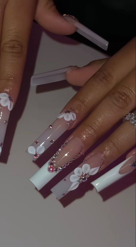 White Xl Nails, Baddies Nails Long, Acrylic Baddie Nails, Pink Bridal Nails, Xl Long Acrylic Nails, Xl Nails, Quinceanera Nails, Aqua Nails, 3d Flower Nails