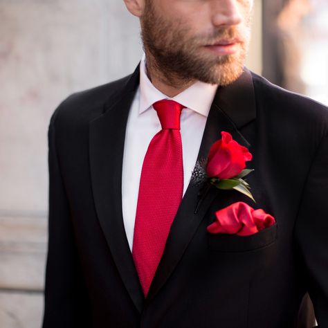 Style tip: Trim your classic black tuxedo with romantic pops of red ties and boutonnieres for ultimate elegance. #MensWearhouse Black Suit Red Tie, Black Suit White Shirt, Suit With Red Tie, White Tuxedo Wedding, Red Tie Men, Prom Tux, Red Quince, Red And White Weddings, White Tuxedo