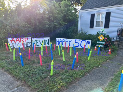 50th Birthday Yard Signs Diy, 50th Birthday Yard Decorations, Pool Noodle Candles For Yard, 50th Birthday Yard Pranks, Pool Noodle Birthday Candles, Yard Pranks, Yard Signs Diy, Diy 21st Birthday Gifts, Pool Noodle Candles