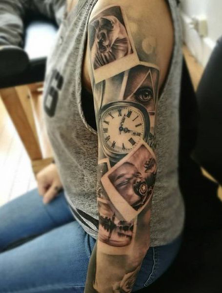 Polaroid Picture Tattoo, Family Sleeve Tattoo, Simbols Tattoo, Voll Arm-tattoos, Portrait Tattoo Sleeve, The Trend Spotter, Feminine Tattoo Sleeves, Polaroid Picture, Tattoo Sleeves