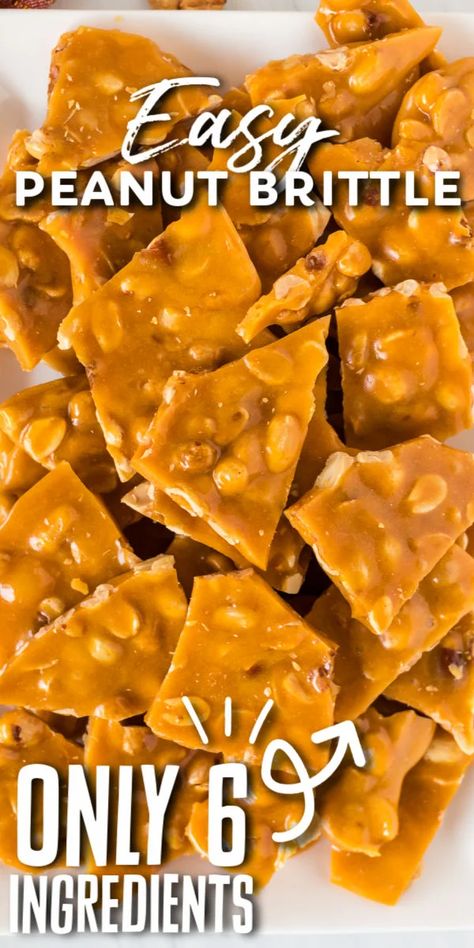 This easy peanut brittle recipe is golden, buttery, and perfect as a treat or to package up for holiday gifts. This homemade candy is salty and sweet and only has six ingredients! | www.persnicketyplates.com Easy Peanut Brittle, Easy Peanut Brittle Recipe, Homemade Peanut Brittle, Peanut Brittle Recipe, Hot Chocolate Fudge, Brittle Recipes, Candy Recipes Homemade, Christmas Candy Recipes, Peanut Brittle