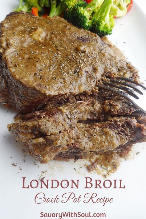 This London broil crock pot recipe takes very little effort. However, you won’t believe what a tender, flavorful meat you end up with along with a delectable gravy that’s great served over rice or noodles or sopped up with some homemade bread!  #savorywithsoul #londonbroil #crockpotrecipes #tenderbeefrecipes #slowcooker London Broil Recipes Crock Pot, London Broil Crock Pot Recipe, Crockpot London Broil, Cooking London Broil, Recipes Crock Pot, London Broil Recipes, Crock Pot Recipe, London Broil, Savory Dinner