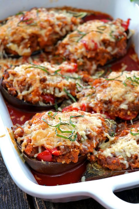 Easy Beefy Stuffed Eggplant Parmesan - Foxy Folksy Hamburger Eggplant Recipes, Stuffed Eggplant With Ground Beef, Stuffed Eggplant Parmesan, Eggplant Stuffed Peppers, Beef Stuffed Eggplant Recipes, Small Eggplant Recipes Easy, Stuffed Eggplant Recipes Meat, Healthy Baked Dinner, Baked Stuffed Eggplant