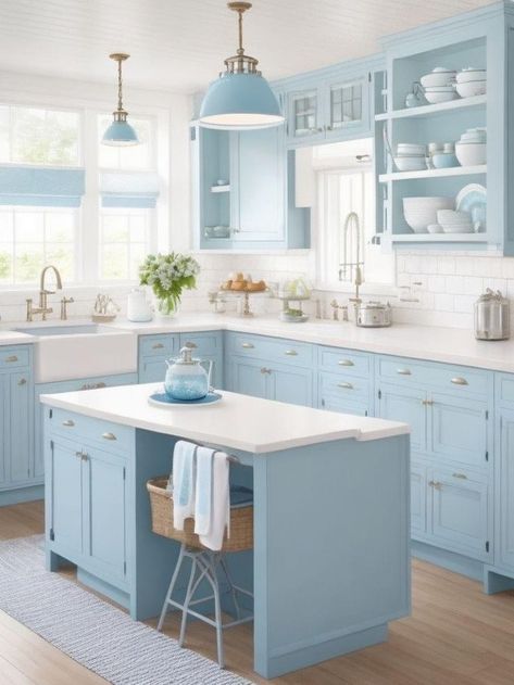 Blue Cabinets White Countertops, Light Blue Cabinets, Blue Kitchen Designs, Light Blue Kitchens, Coastal Kitchen Design, Coastal Kitchen Decor, Серая Кухня, Blue Kitchen Cabinets, Beach House Kitchens