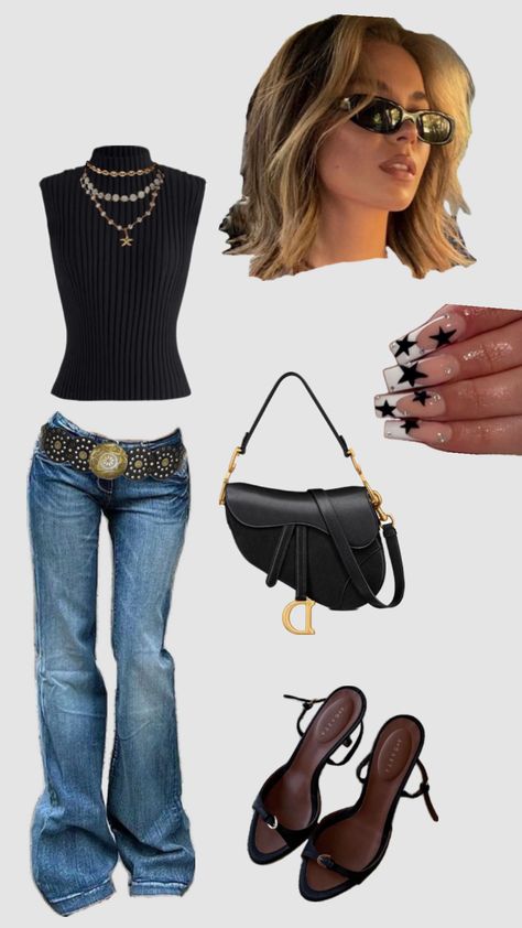 2000s low waisted jeans, black sweater turtle neck tank, blukly brown belt with metal detailing, black dior sadle bag, black star french tip long nails, black kitten heels Low Waist Jeans Outfit 90s, 2000s Low Waisted Jeans, French Tip Long Nails, Low Waist Jeans Outfit, Long Nails Black, Waist Jeans Outfit, French Tip Long, Low Rise Outfit, Kitten Heels Outfit