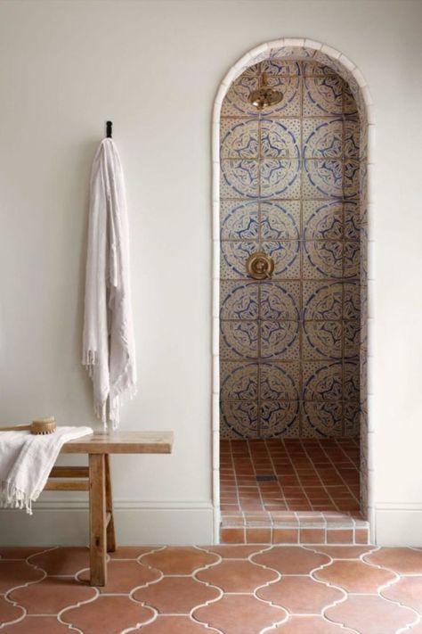 Socal Home Exterior, Art Deco Bohemian Interiors, Modern Spanish Style Homes Bathroom, Marocco Interior Design Modern, Elevated Boho Style Home, Spanish Cottage Bathroom, Santa Fe Bathroom Ideas, Morracon Tile, Italian Tile Bathroom