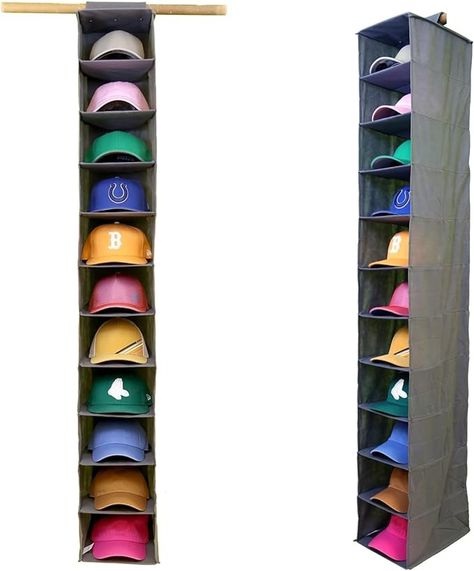 Amazon.com: Perfect Curve 11-Pocket Closet Cap Organizer. 11 Shelf Hanging Closet Hat Organizer for Baseball Caps - Hat Storage For Up To 100 Caps - Baseball Hat Organizer - Gray : Home & Kitchen Ball Cap Display Ideas Wall, Mens Hat Organization, Cap Holder Hats Organizers, Baseball Cap Organization, Hat Shelf Ideas, Baseball Hat Organization, Ball Cap Storage, Baseball Hat Display, Baseball Hat Organizer