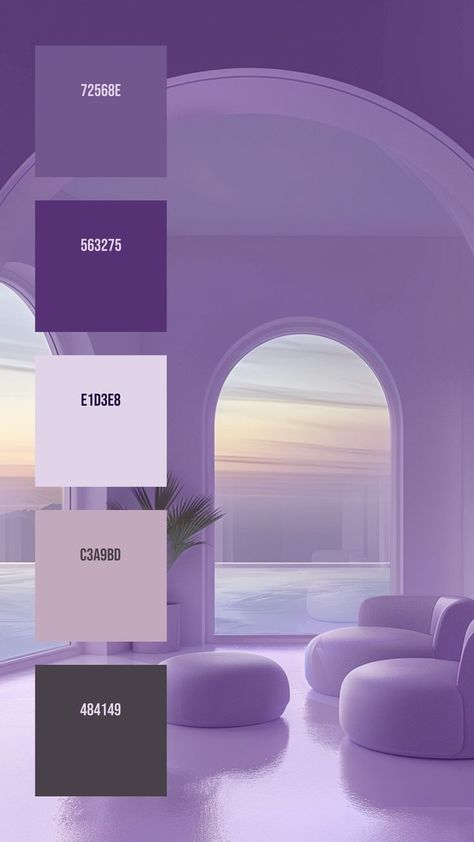 Colors: 72568E ° 563275 ° E1D3E8 ° C3A9BD ° 484149 Purple Armchair, Sky Gradient, White Container, Yellow Palette, Purple Palette, Hex Color Palette, Purple Interior, Colors And Emotions, Yellow Interior