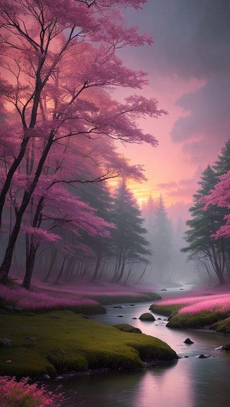 Painting of a river in a forest with a pink sunset, fantasy forest landscape, mystical fantasy landscape, epic dreamlike fantasy landscape, fantasy forest, magical fantasy forest, glowing colorful fog, magical colors and atmosphere, magical landscape, lost in a dreamy fairy landscape, dreamlike digital painting, fantasy landscape painting, fantasy digital painting, dreamy landscape, fantasy artrealistic painting Fairy Landscape Painting, Painting Fantasy Landscape, Dreamlike Aesthetic, Fantasy Landscape Painting, Fantasy Forest Landscape, Fairy Landscape, Forest Magical, Magical Colors, Magical Landscape