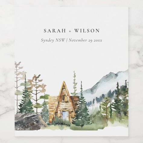 Rustic Mountain Pine Forest Wood Cabin Wedding Wine Label Zazzle Wedding Outfits For Family Members, Cabin Theme, Wood Cabin, Forest Drawing, Wedding Wine Labels, Cabin Wedding, Forest Wood, Japan Painting, Mountain Illustration