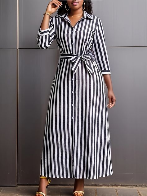 Stripe Dress Outfit, Plus Size Elegant Dresses, Geometric Clothing, Latest Dress For Women, Collared Shirt Dress, Stripe Dress, Outfit Style, Dress Outfit, Collar Dress