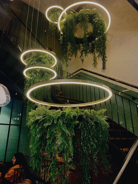 Bar With Greenery, Jungle Ceiling, Greenery Restaurant, Greenery Ceiling, Restaurant Ceiling Lights, Sketch Board, Cafe Idea, Celing Light, Artificial Grass Wall