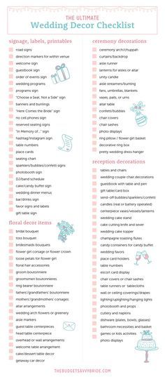 the ultimate wedding decor checklist by The Budget Savvy Bride! Get the free printable! #weddingdecor #checklist #printable #weddingprintable #weddingchecklist Things To Get For Wedding, Wedding Check Off List Things To Do, Wedding Checklist Decor, Reception Decor List, Wedding Needs List Everything, Wedding Decor Inventory List, List Of Things For Wedding, Wedding Reception Decor Checklist, Bride Needs Checklist