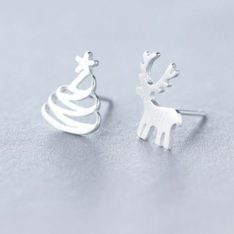 Sterling Silver Reindeer Tree Christmas Earrings Deer Christmas Tree, Deer Jewelry, Wholesale Earrings, Silver Christmas Tree, Deer Christmas, Simple Stud Earrings, Tree Earrings, Mini Earrings, Christmas Tree Earrings