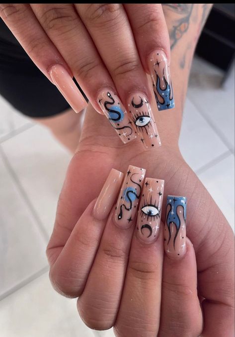 #nails #nailart #blue #acrylic #longnails Blue Inspired Nails, Sky Blue Nail Art Designs, Juice Wrld Nails Acrylic, Blue Eye Nails Acrylic, Evil Eye Nails Long, Money Nail Art, Ojo Acrylic Nails, Witchy Nails Blue, Halloween Nails Blue