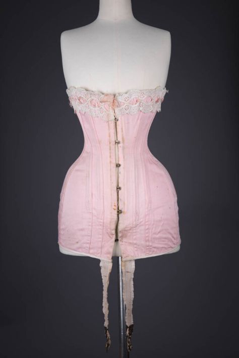 Pink Cotton Twill Longline Corset With Ribbonslot Lace Trim | The Underpinnings Museum 1910s France, 1910s Corset, 1918 Fashion, Authentic Corsets, Edwardian Corsets, Museum Photography, 1910s Fashion, Steel Boned Corsets, Boned Corsets