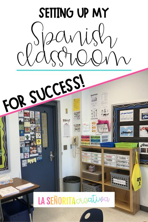 come check out how I decorated my high school Spanish classroom to make group work and collaboration easy, plus a free watercolor calendar in Spanish Middle School Spanish Classroom Decor, Spanish Classroom Decor Ideas, Spanish Classroom Door, Spanish Teacher Classroom, Welcome To My Classroom, Reading Corner Classroom, Plants Classroom, Spanish Classroom Decor, Spanish Teacher Resources