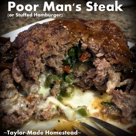 Poor-Man's Steak - a thick serving of hamburger stuffed with grilled onions & peppers along with melted cheese. It's served on top of fried potatoes & topped with brown gravy. #TaylorMadeHomestead Poor Mans Recipes, Hamburger Meat Recipes Ground, Sauteed Peppers And Onions, Hamburger Steak, Hamburger Meat Recipes, Brown Gravy, Pepper Steak, Hamburger Meat, Grilled Onions