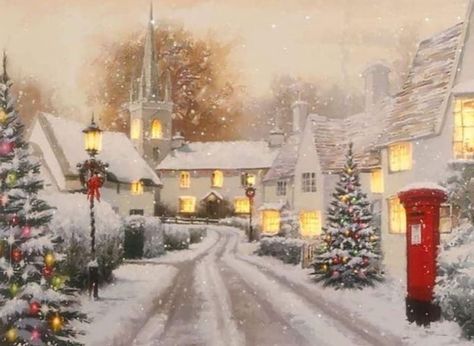 Christmas Scenery, Advocate Art, Christmas Town, Lighted Canvas, Christmas Past, Christmas Scenes, Christmas Paintings, Christmas Illustration, Holiday Art