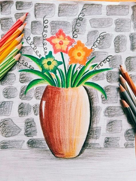 Flower Pot Drawing For Kids, Flower Pot Drawing With Colour, Easter Wishes Quotes, Pencil Colour Drawing Flower, Flower Pot Drawing, Pot Drawing, Diy Embroidery Flowers, Streets Photography, Scenery Drawing For Kids