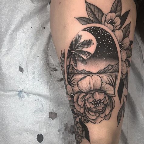 Tattoo by Kyle Stacher aka thiefhands #KyleStacher #thiefhands #landscapetattoos #linework #blackandgrey #landscape #river #lake #beach #palmtrees #flowers #peony #stars #mountains #moon Shell Sleeve Tattoo, Nature Spiritual Tattoo, Night Beach Tattoo, Moon Cover Up Tattoos For Women, Beach Tattoo Sleeve Women, Beach And Flower Tattoo, Landscape Back Tattoo, Moon Beach Tattoo, Unique Half Sleeve Tattoos For Women