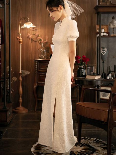 White Jacquard Thigh Split Wedding Qipao / Cheongsam Dress - CozyLadyWear Qipao Wedding Dress, White Cheongsam, Cheongsam Wedding Dress, Wedding Qipao, Wedding Cheongsam, Qipao Wedding, Pearl Wedding Dress, Chinese Wedding Dress, Qipao Cheongsam