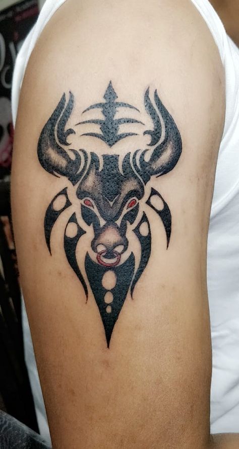 Taurus Tattoo Men, Men's Shoulder Tattoo, Throat Tattoos, Taurus Bull Tattoos, Arm Tattoo Design, Bus Cartoon, Shoulder Tattoo Ideas, Om Tattoo Design, Taurus Tattoo