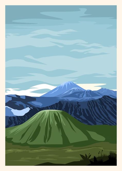 illustration of a view of Mount Bromo from Indonesia, good for posters etc Mountains Illustration, Mount Bromo, Mountain Poster, View Illustration, Idul Adha, Mountain Drawing, Mountain Illustration, City Icon, Canvas Painting Designs