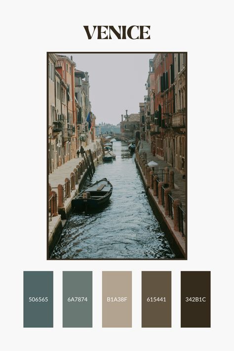 A brown and teal color palette based on this muted photo of a Venice, Italy canal. Perfect for designing posters, logos, websites, apps, and more! European Wedding Color Palette, Venice Color Palette, Travel Colour Palette, Italy Colour Palette, European Color Palette, Italy Color Palette, Graphic Design Color Palette, Italian Color Palette, Thai Tone