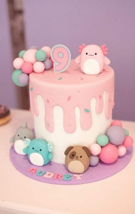 Girls Birthday Cakes 8 Year, Unicorn Squishmallow Cake, Squishy Party Ideas, Axolotl Birthday Party Cake, 6th Birthday Girl Cake, Birthday Cake For 9 Yrs Old Girl, Squishmallow Birthday Party Cake, Squishy Birthday Party Ideas, Squishmallows Cakes