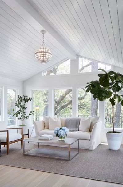 53 Shiplap Tongue & Groove Ceiling Design Ideas - | Sebring Design Build Sunroom Windows, Vaulted Ceiling Living Room, All White Room, Tongue And Groove Ceiling, Sunroom Decorating, Sunroom Designs, Bright Rooms, Vaulted Ceiling, Front Room