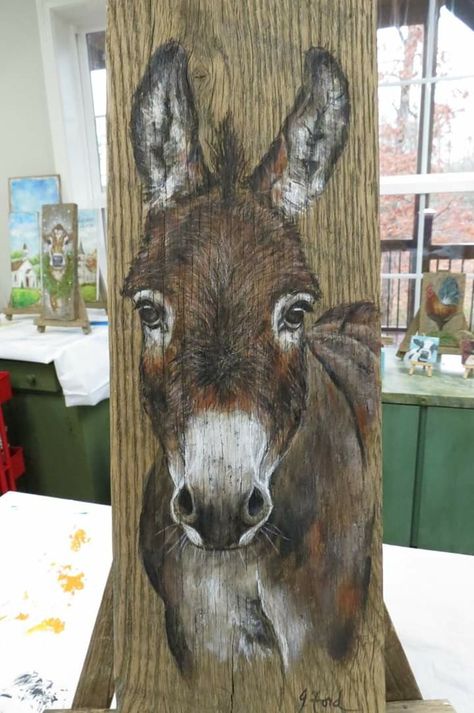 Farmhouse Paintings On Canvas Diy, Painted Donkey, Christmas Donkey Painting, Donkey Decor, Donkey Paintings On Canvas, Donkey Acrylic Painting, Abstract Donkey Painting, Donkey Artwork Oil Paintings, Barn Wood Art