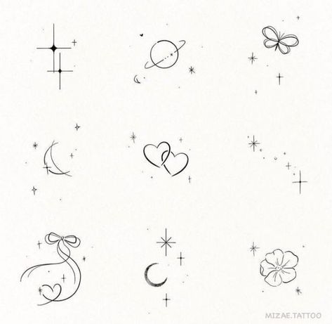 Stars And Hearts Tattoos, Dainty Celestial Tattoo, Simple Aesthetic Tattoos, Metallic Tattoo, Tato Minimal, Small Girly Tattoos, Horoscope Tattoos, Pretty Hand Tattoos, Desain Buklet