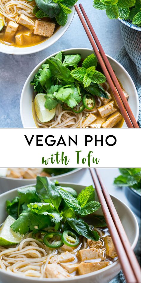 Vegan Pho with Tofu - Six Hungry Feet - Ready in less than an hour. Vegan Pho, Mapo Tofu, Vegan Soups, Vegan Cooking, Vegan Foods, Vegan Eating, Vegan Dishes, Vegan Dinners, Vegetarian Dishes