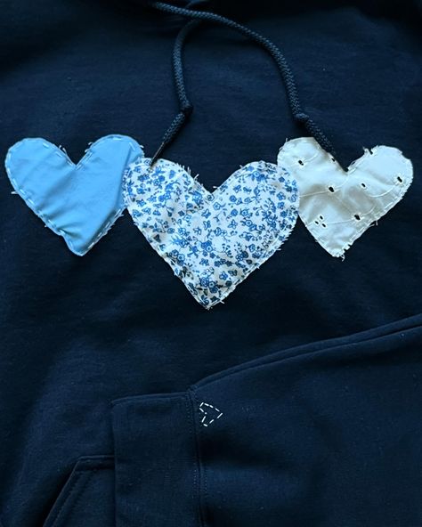 3 hearts sweatshirt 🩵💙🤍! Available in multiple colors and customizable! Check out the link in bio for more information! Sweatshirts With Patches, Patch Work Hoodie, Diy Hoodies, Patched Hoodie, Matching Embroidery, Patchwork Projects, Clothes Embroidery, Patchwork Ideas, Easy Diy Clothes