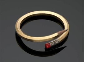 bracelet, made from 22- and 18-kt gold, coral, wood, steel and diamond, is from <a href="9780878467501.html">Jewelry by Artists : In the Studio, 1940-2000</a>. Pencil Bracelet, Teacher Wardrobe, Studio Jewelry, Graphic Design Humor, Wooden Pencils, Geek Chic, Contemporary Jewellery, Everyday Objects, Museum Of Fine Arts