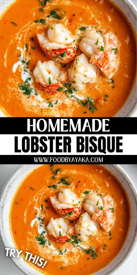 Creamy lobster bisque with fresh garnish, ideal for a festive Christmas dinner. Southern Living Recipes Soups, Seafood Winter Recipes, Fish Stock Soup, Soup Christmas Dinner, Soul Food Soup Recipes, Pescatarian Soup Recipes, Pescatarian Soup, Christmas Eve Fish Dinner Ideas, Fancy Soup Recipes