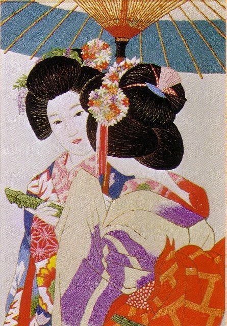 Kelly Michelle Norris: Japanese Bunka Emboidery Bunka Embroidery, Geisha Illustration, Japanese Tokyo, Punch Needle Embroidery, Japanese Embroidery, Needle Arts, Embroidery Craft, Needle Art, Two Girls