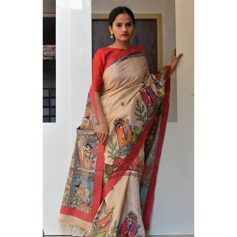 The beautiful saree has depiction of all 10 avtars of Vishnu.. Vishnu is among the most important deities of Hinduism. Together with with… Madhubani Painting Saree, Painting On Saree, Madhubani Saree, Saree Painting Designs, Saree Painting, Hand Painted Clothing, Hand Painted Sarees, Madhubani Painting, Tussar Silk Saree